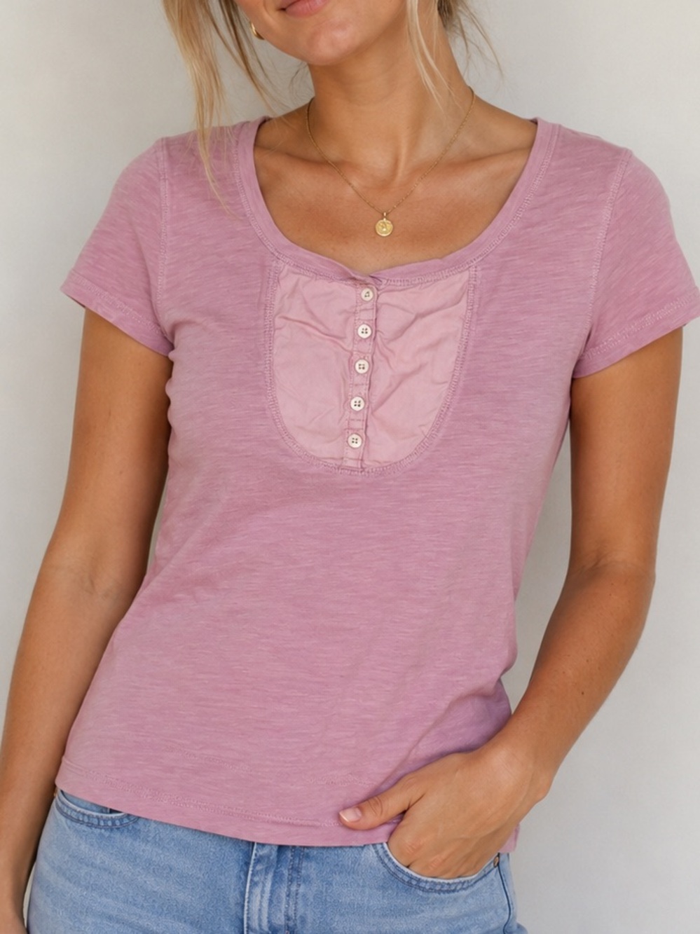 Lauren Jeans Company Ralph Lauren Pink Henley Top Women’s XS 100% Cotton